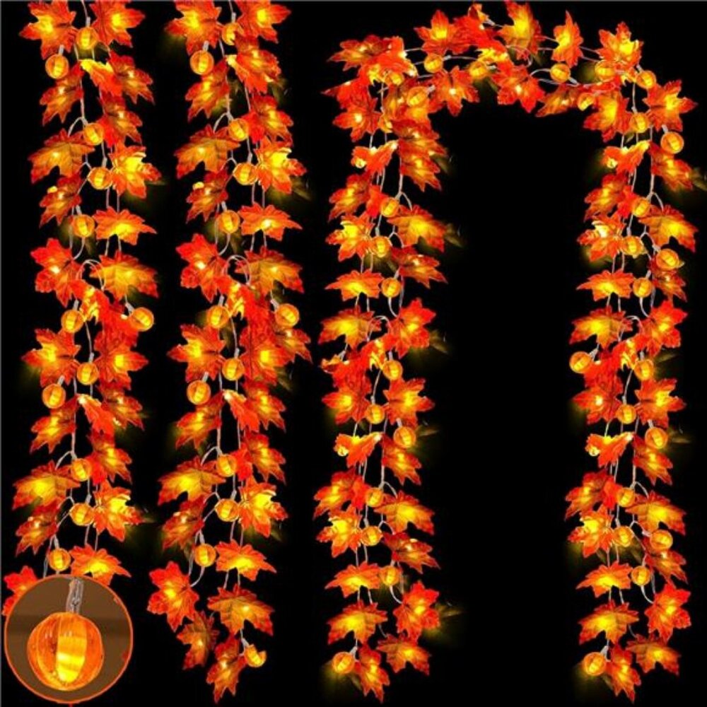30Ft Fall Garland Fall Decorations for Home 60 LED Leafed Pumpkin Lights